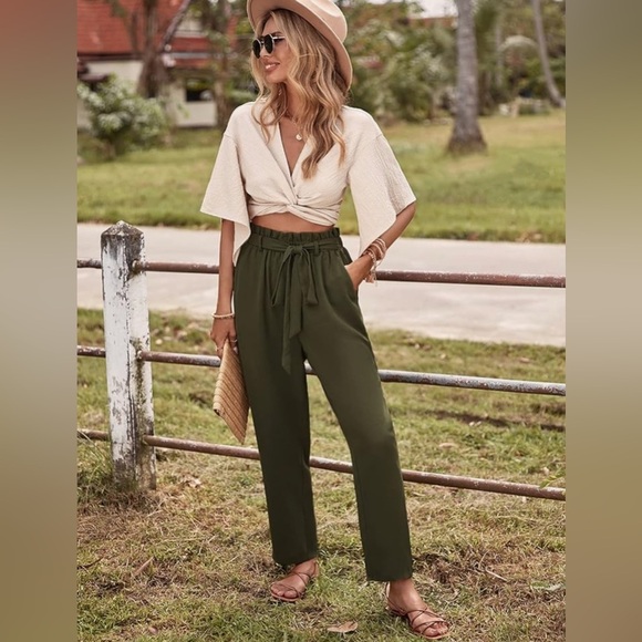 ✨Atica Medium Paperbag Waist Knot Front Pants Olive Green Women's Pants - Picture 3 of 12